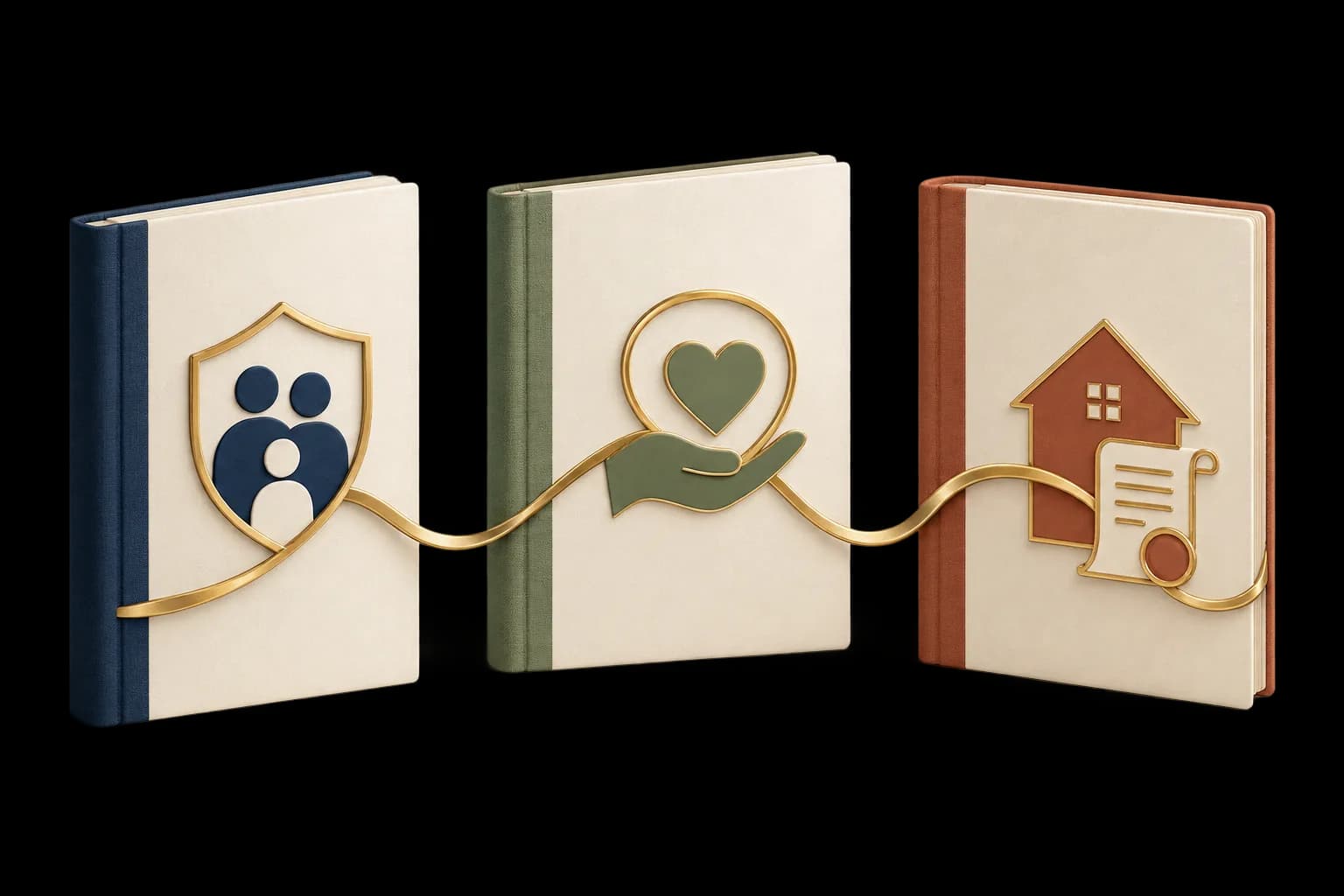 Three connected books representing wills, Lasting Powers of Attorney and estates